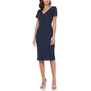 JS Collections ERIN Navy EMBROIDERED V-Neck Short Sleeve MIDI Dress WOMEN 8
